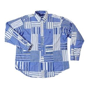 Polo Ralph Lauren mens 17.5 XL blue white patchwork oxford dress shirt EUC